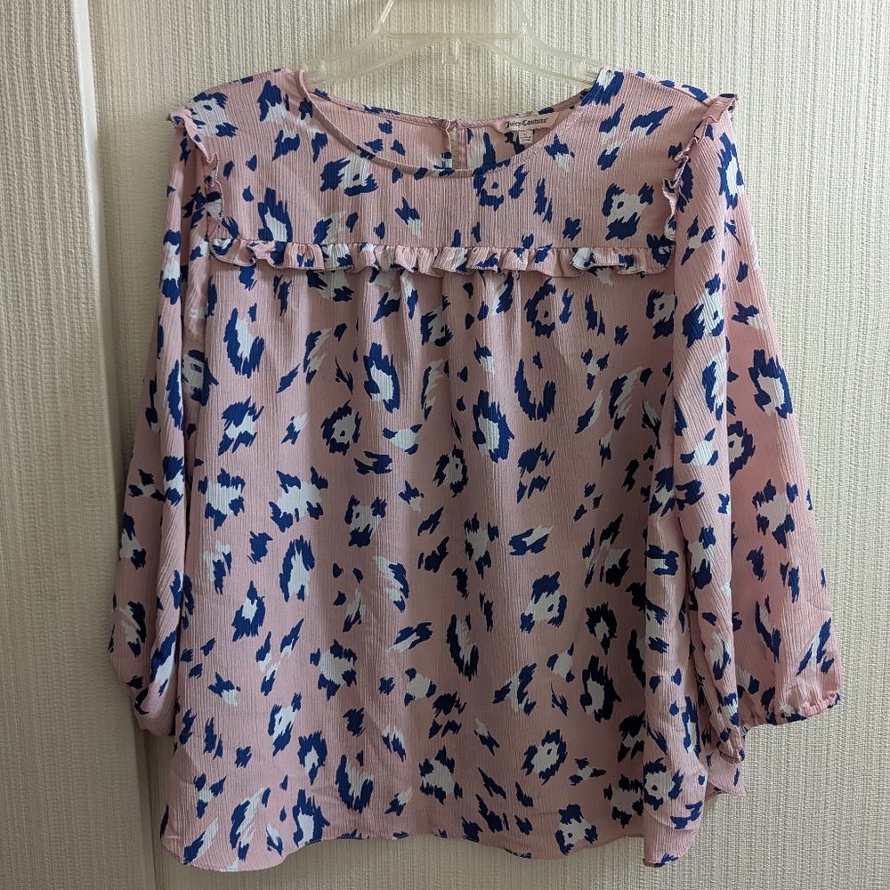 Juicy Couture Pink Blouse With Blue Print Ruffle Around Top Size L